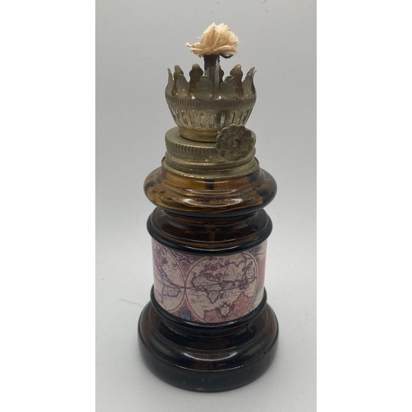 Mini Oil / Kerosene Amber Glass Lamp with Globe Graphics 5.25" Tall 2.75" @ Base - Picture 1 of 10